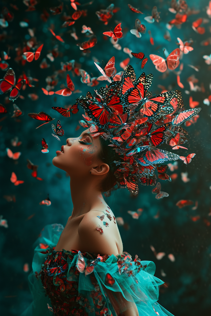 Woman Black and Red Butterflies