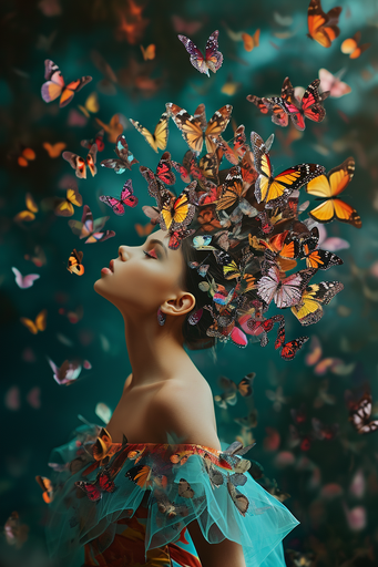 Woman Red and Yellow Butterflies