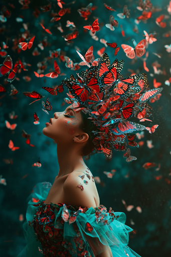 Woman Black and Red Butterflies